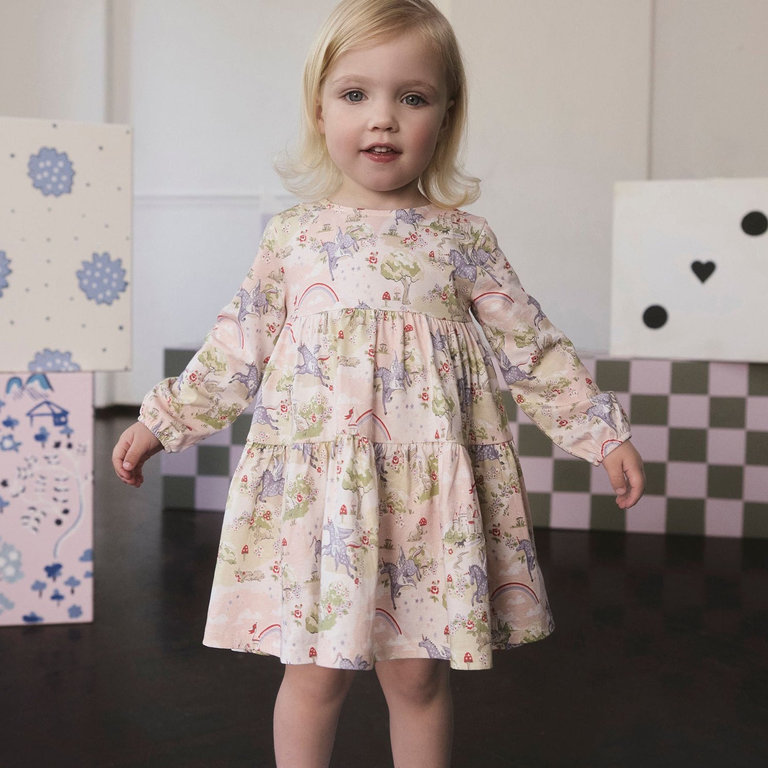 キッズ ロングスリーブ ティアードドレス Pink Unicorn | Cath Kidston