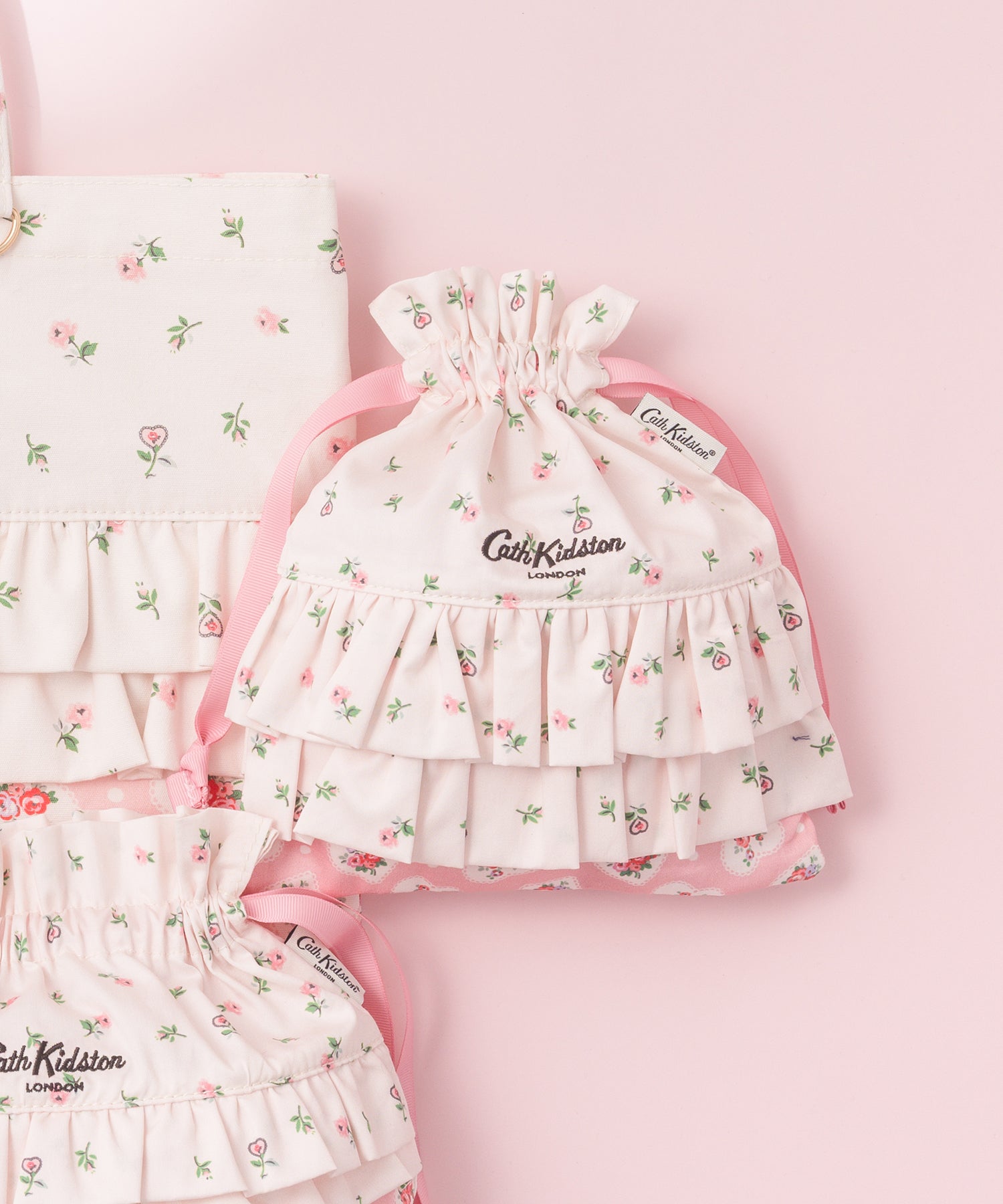 ダブルフリル２サイドドローストリングポーチLace Sprigs