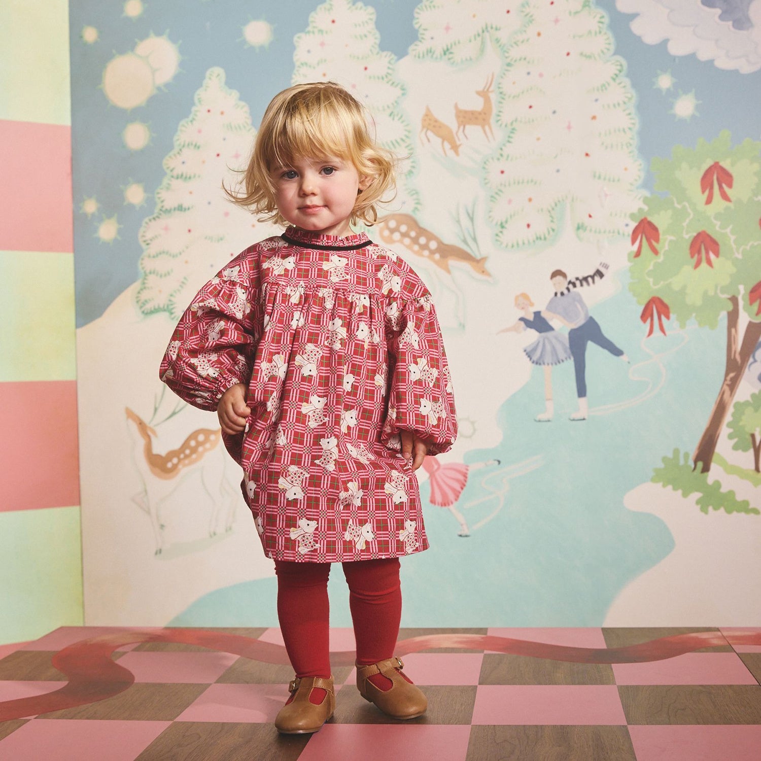 キッズ チェック ワンピース Dog Patchwork