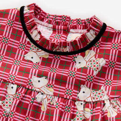 キッズ チェック ワンピース Dog Patchwork