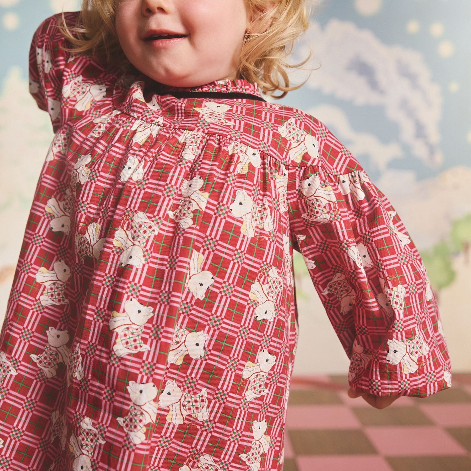 キッズ チェック ワンピース Dog Patchwork