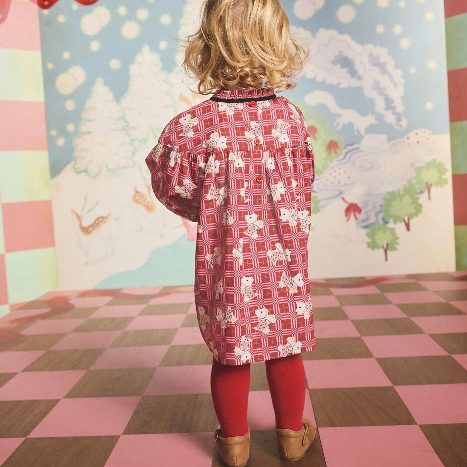 キッズ チェック ワンピース Dog Patchwork