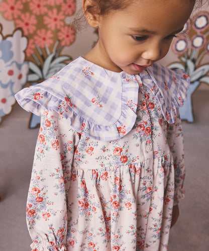 キッズ フリルカラー ロングスリーブ  ワンピース Spray Floral Placement