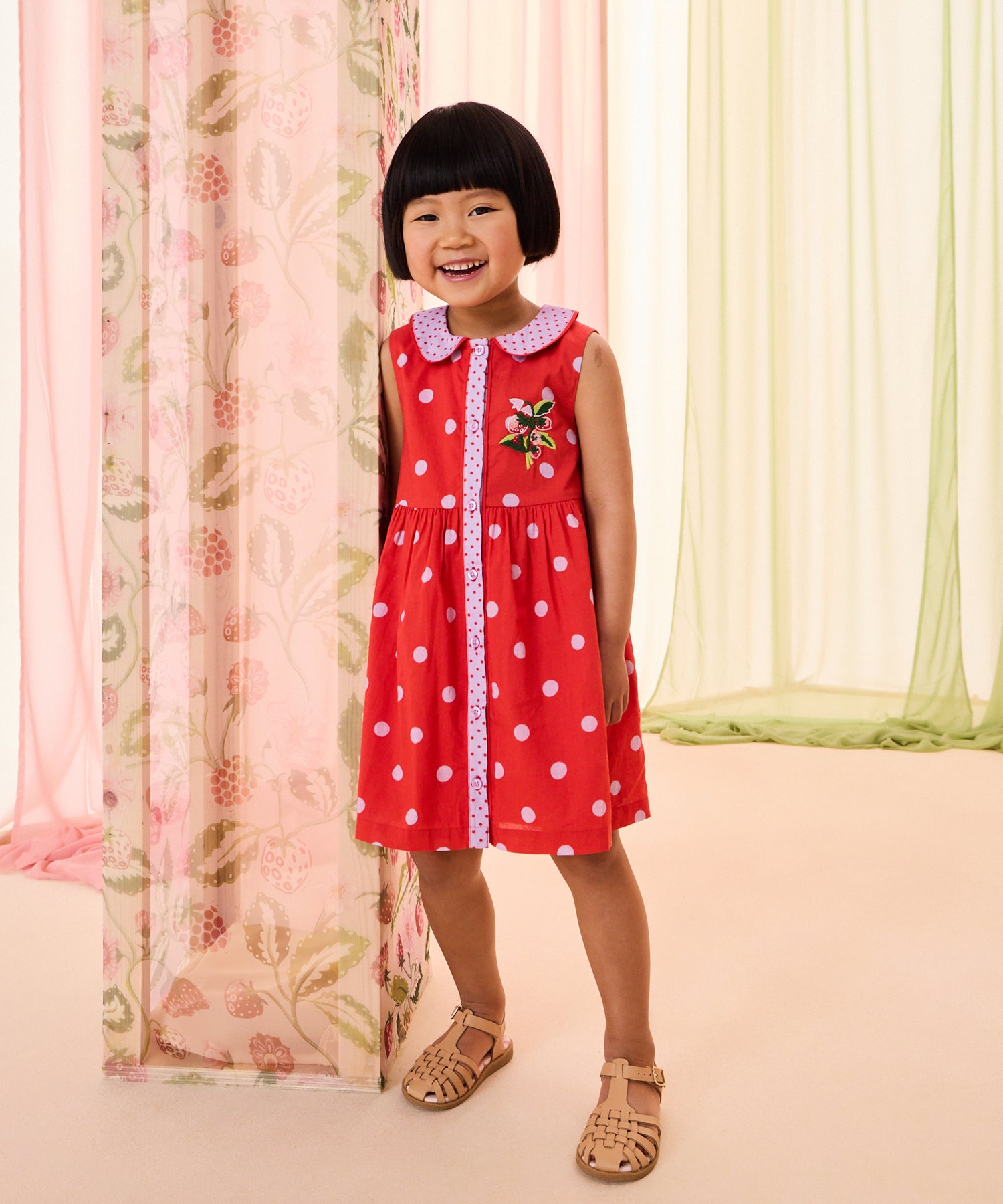 KAPITALキャピタル　パッチワークノースリーブワンピース　0サイズ　XS相当 キッズ ラウンドカラー ノースリーブ ワンピース Button Spot | Cath