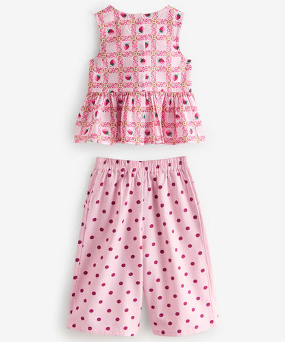 キッズ ペプラム トップス & パンツ セット Strawberry Check