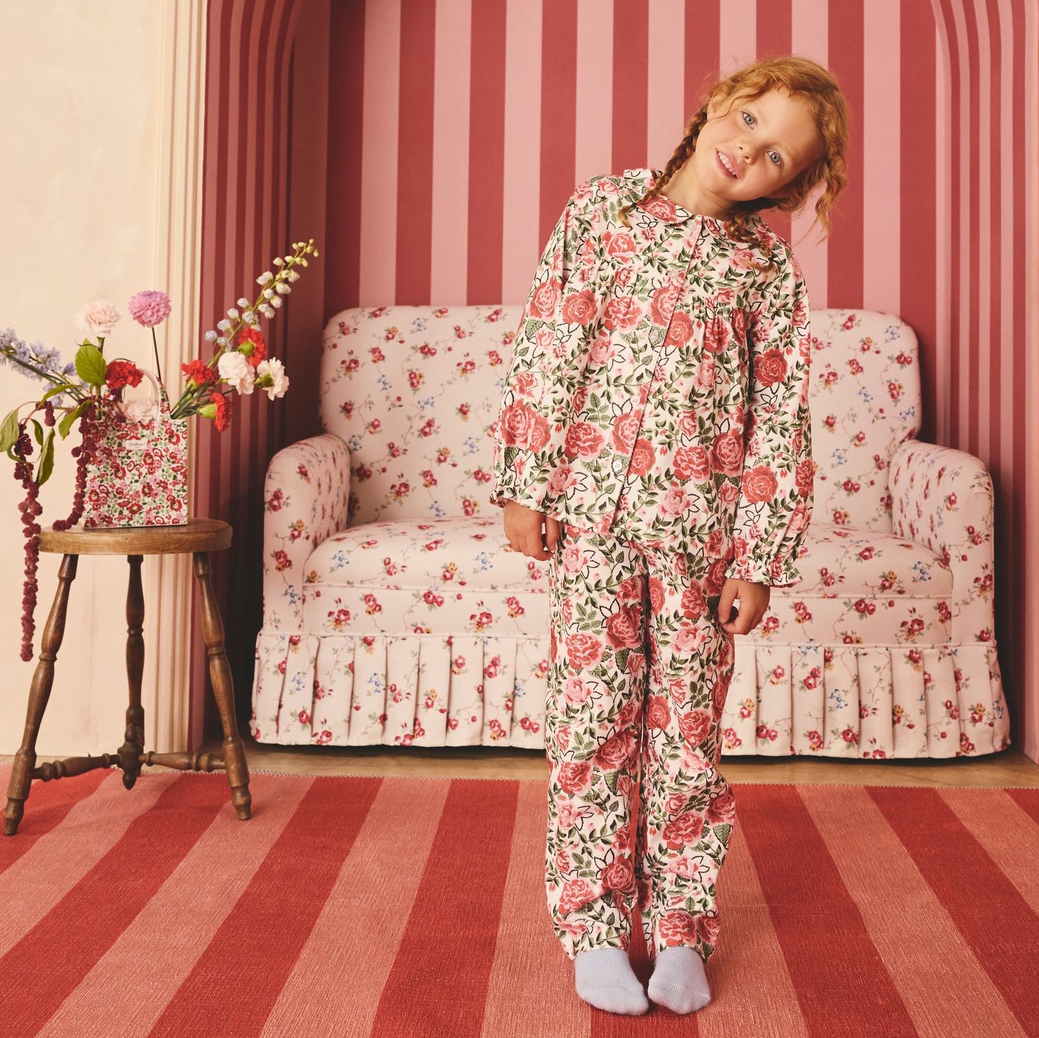 キッズ ボタンスルーパジャマ Red Floral