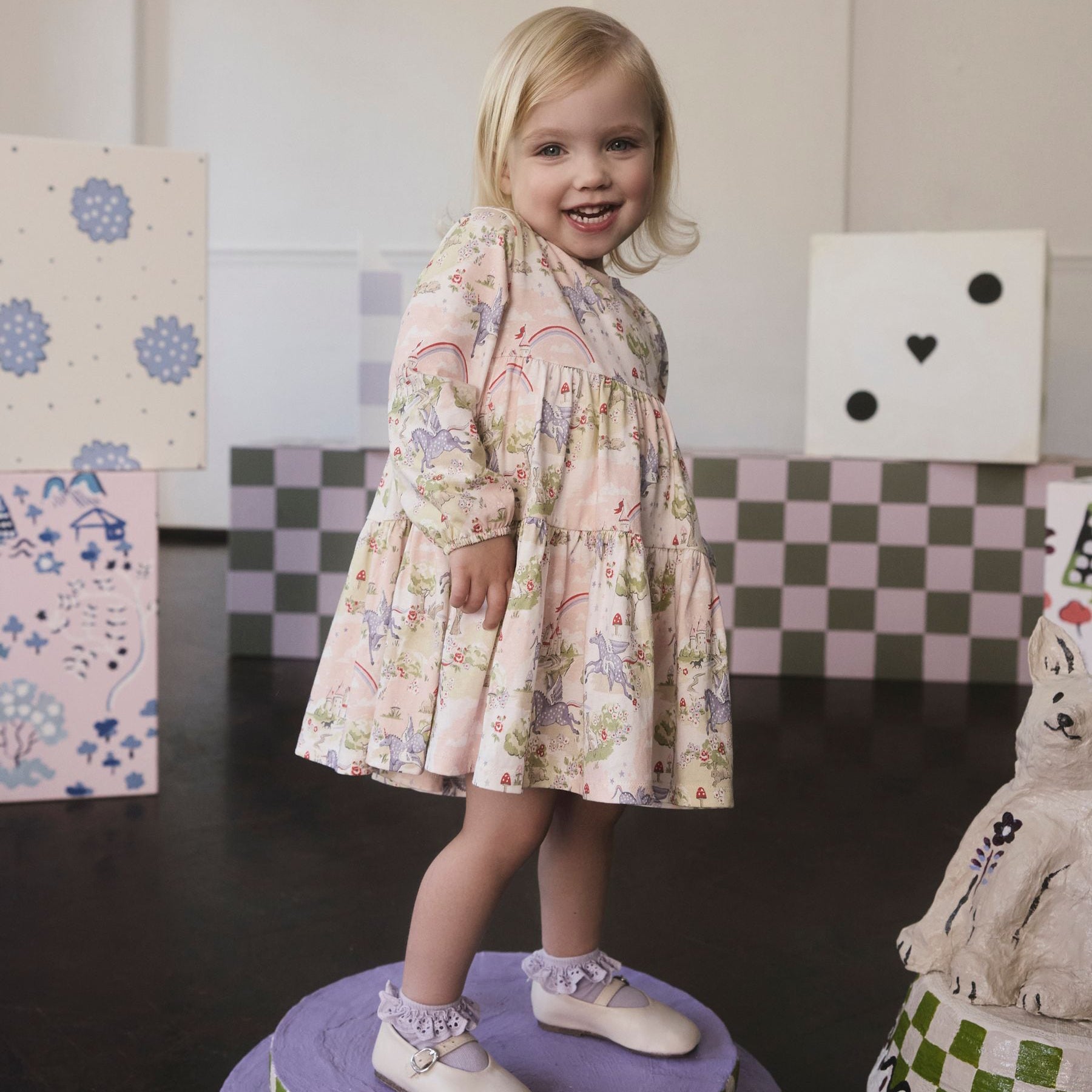 キッズ ロングスリーブ ティアードドレス Pink Unicorn | Cath Kidston