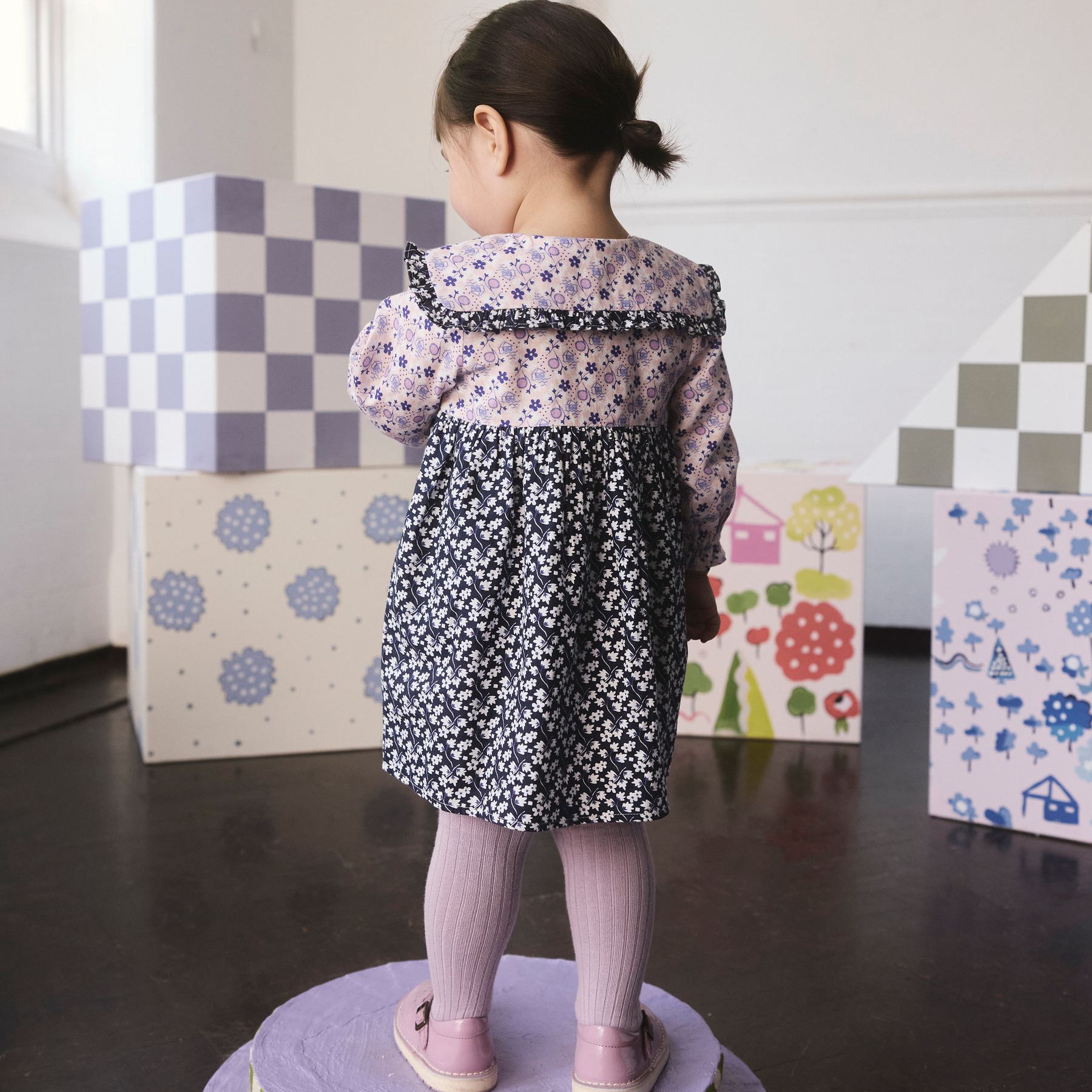 キッズ ロングスリーブ ワンピース Multi Navy Ditsy