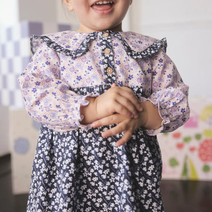 キッズ ロングスリーブ ワンピース Multi Navy Ditsy