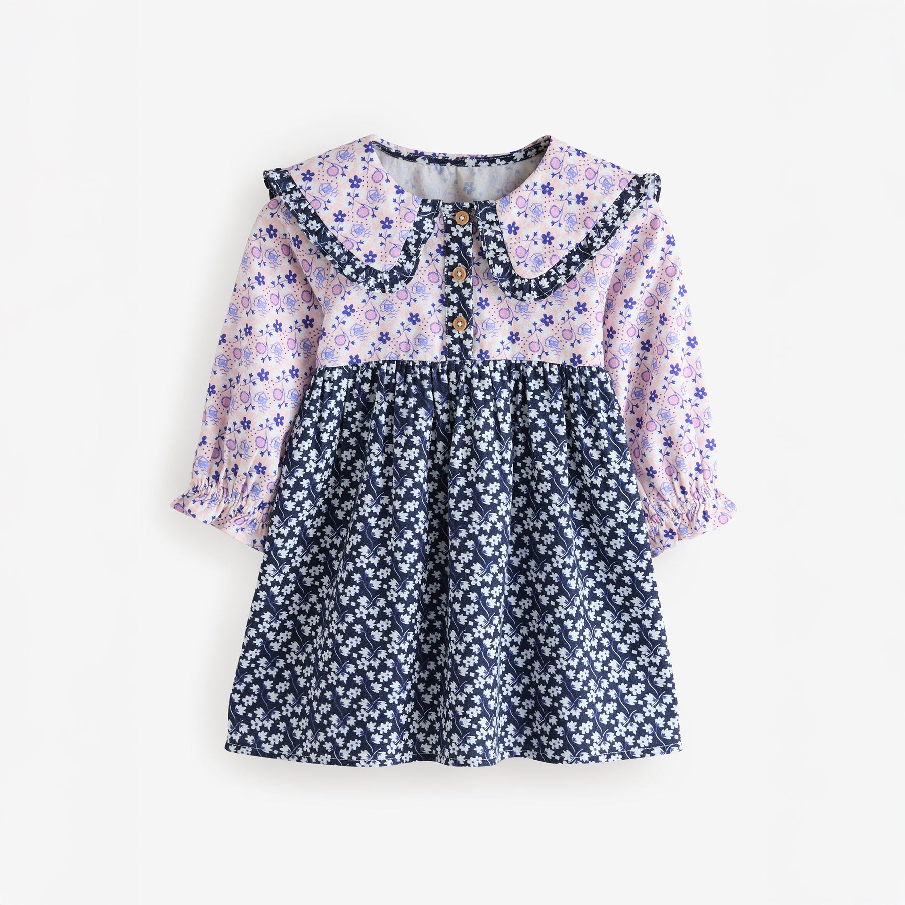 キッズ ロングスリーブ ワンピース Multi Navy Ditsy