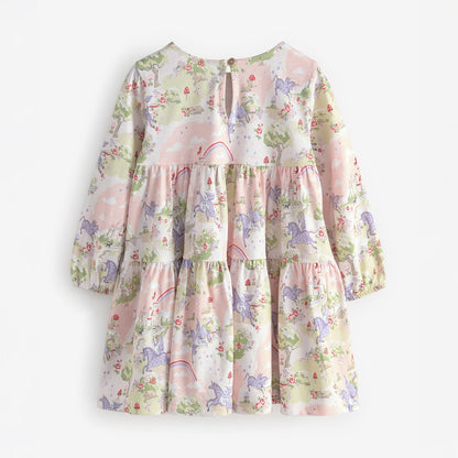 キッズ ロングスリーブ ティアードドレス Pink Unicorn