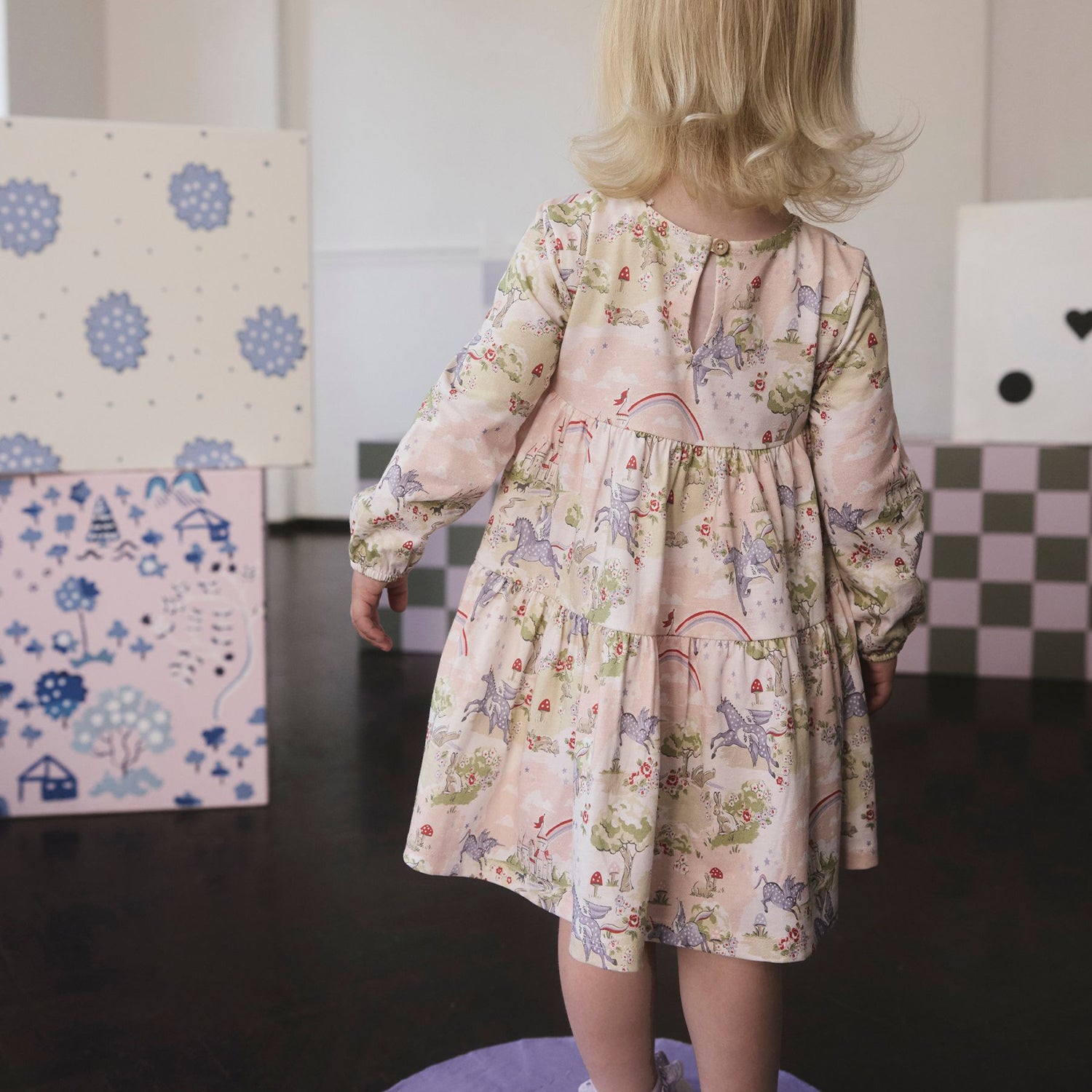 キッズ ロングスリーブ ティアードドレス Pink Unicorn