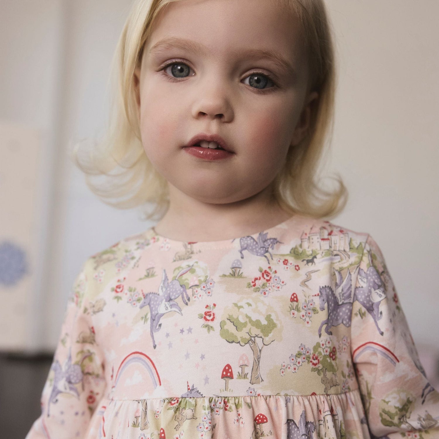 キッズ ロングスリーブ ティアードドレス Pink Unicorn